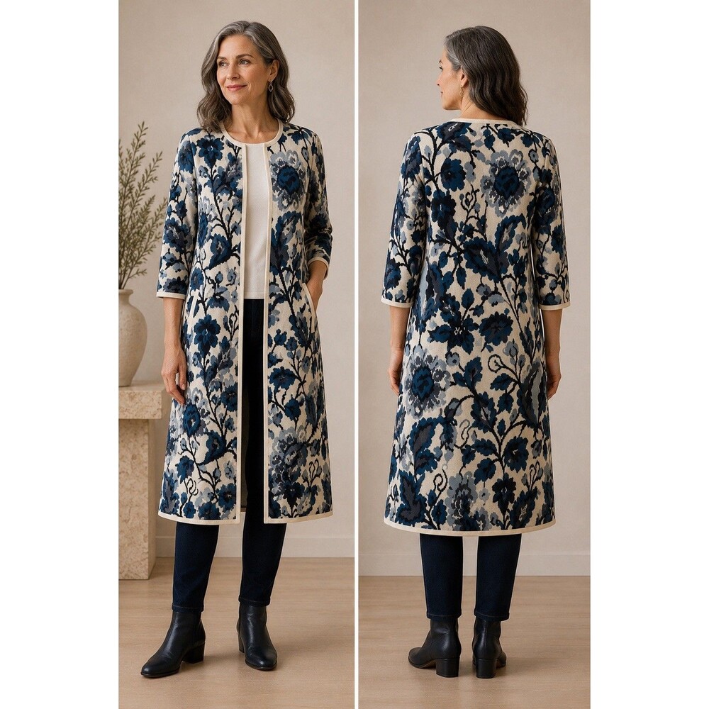 Peruvian Connection Blue Floral Pima‎ Cotton Long-line Cardigan Sweater L